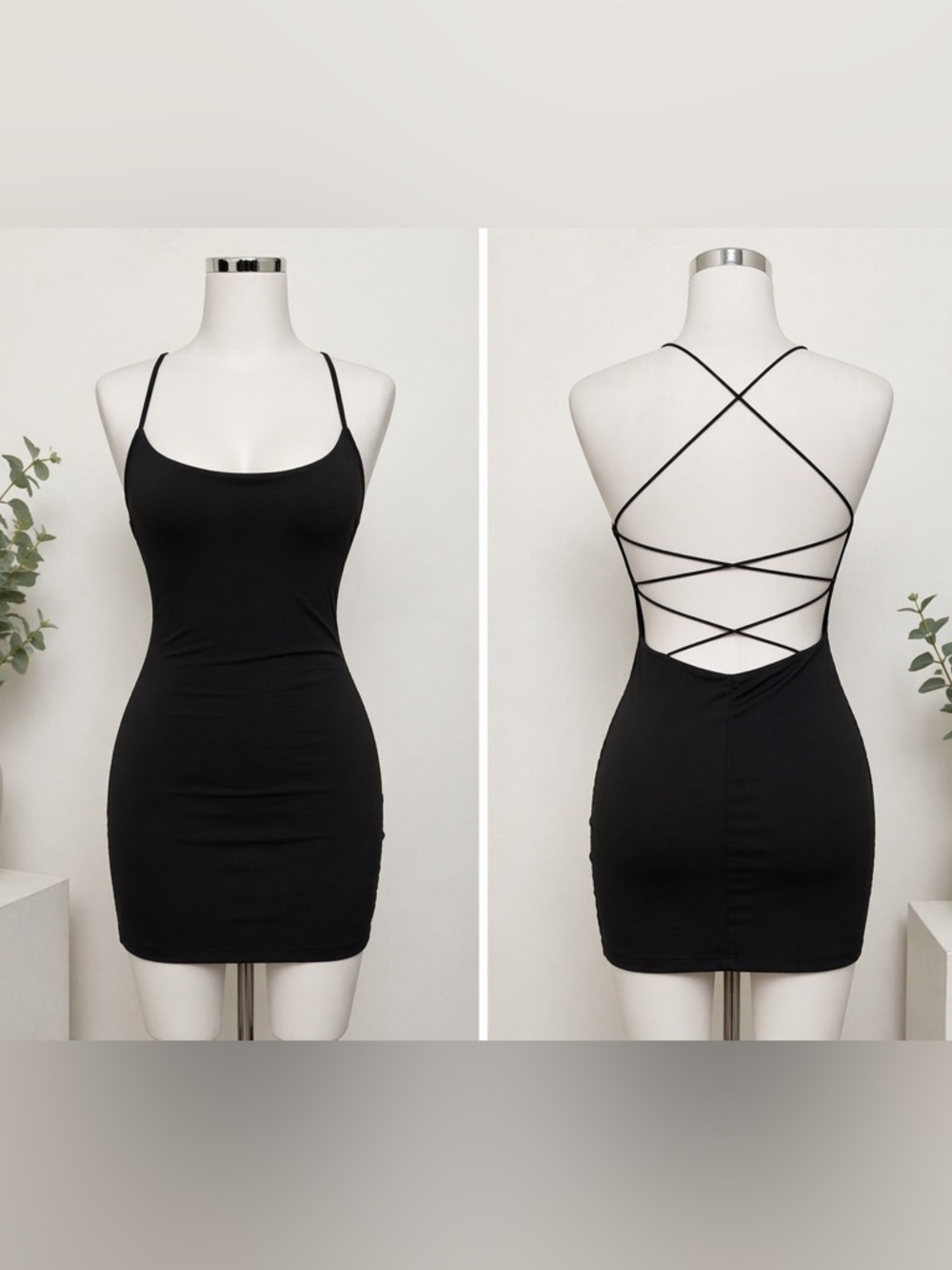 Black Strappy Open Back Bodycon Mini Dress Size M Stretchy Night Out Club Dress